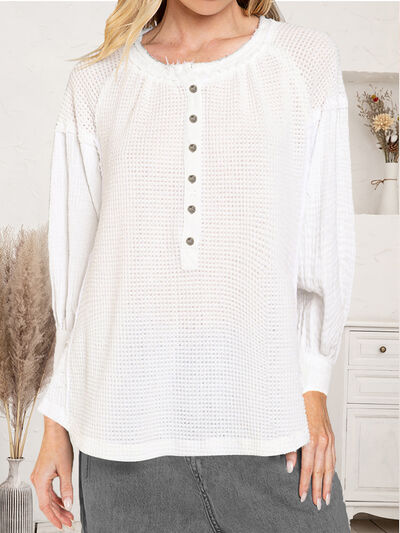 Blue Zone Planet | Waffle Knit Half Button Raw Hem Blouse BLUE ZONE PLANET