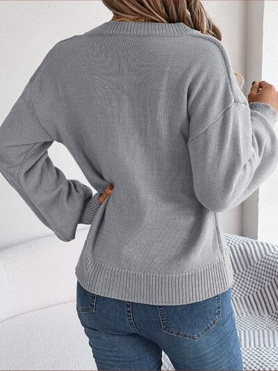 Blue Zone Planet | Cable-Knit Buttoned V-Neck Sweater BLUE ZONE PLANET