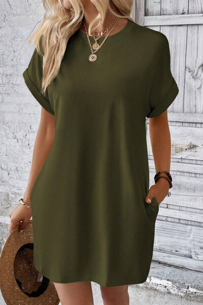 Blue Zone Planet | Pocketed Round Neck Short Sleeve Dress BLUE ZONE PLANET