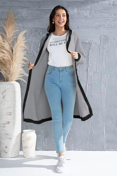 Button Up Contrast Trim Hooded Cardigan BLUE ZONE PLANET