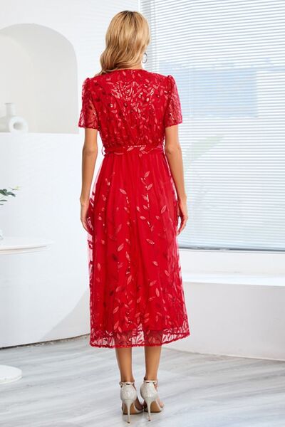 Blue Zone Planet |  Sequin Leaf Embroidery Tie Front Short Sleeve Dress BLUE ZONE PLANET
