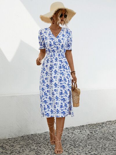 Blue Zone Planet |  Slit Printed V-Neck Short Sleeve Dress BLUE ZONE PLANET