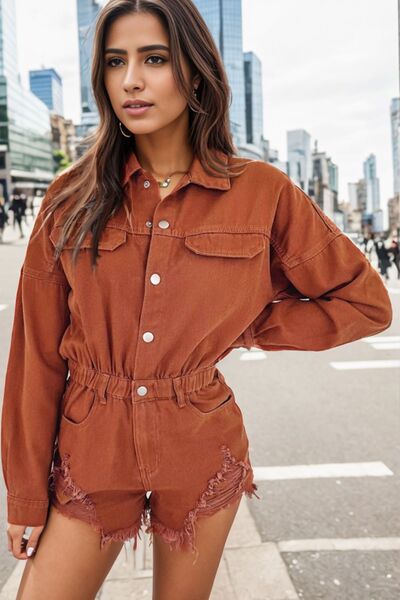 Blue Zone Planet | Distressed Raw Hem Snap Down Romper BLUE ZONE PLANET