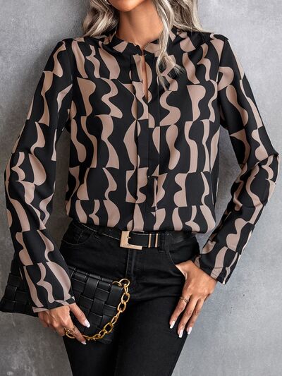 Blue Zone Planet | Printed Notched Long Sleeve Blouse BLUE ZONE PLANET
