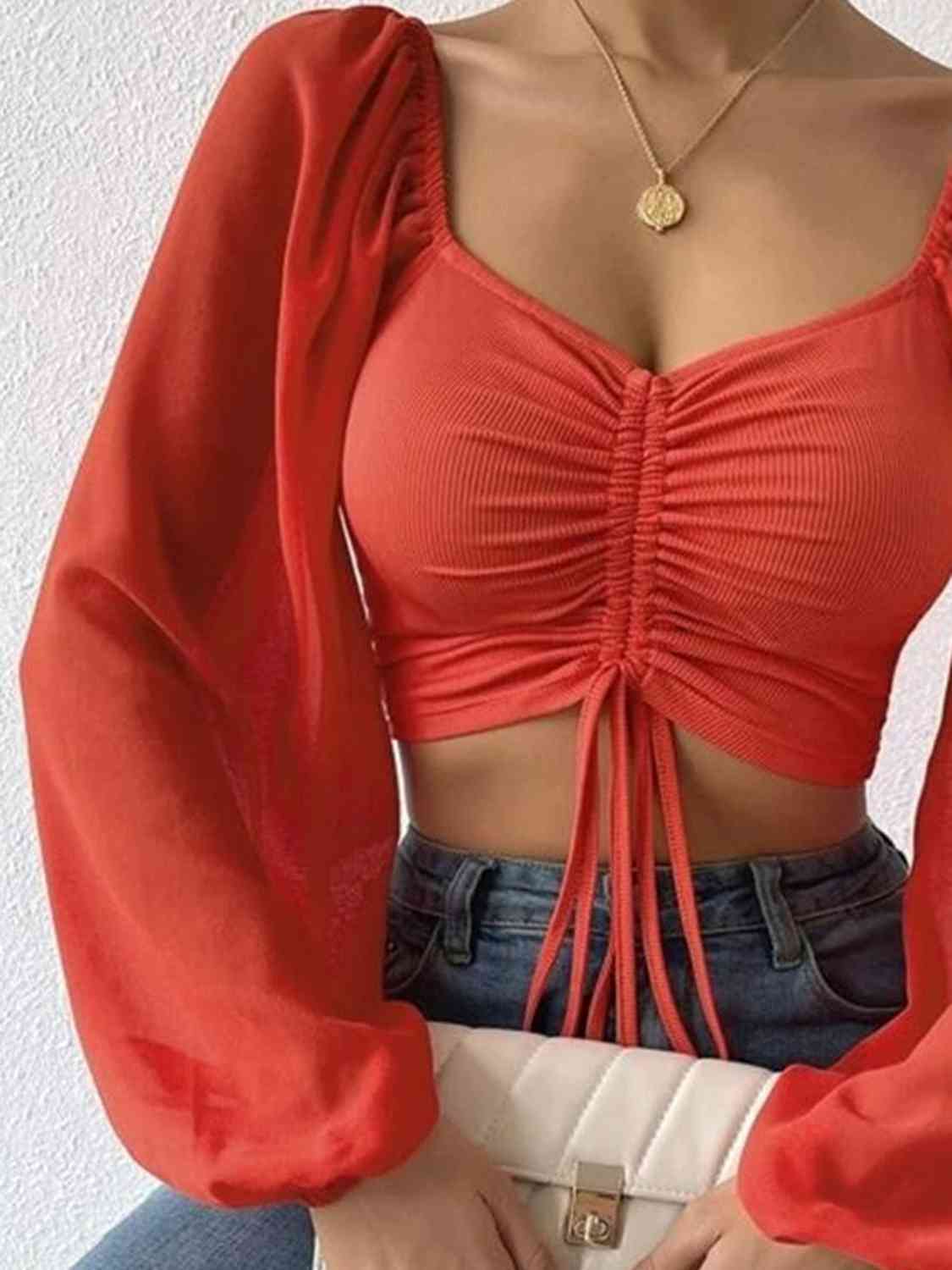 Drawstring Sweetheart Neck Cropped Top BLUE ZONE PLANET