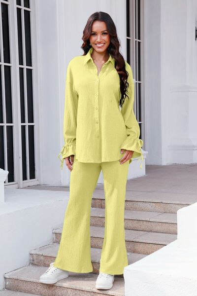 Blue Zone Planet | Drawstring Flounce Sleeve Shirt and Pants Set BLUE ZONE PLANET