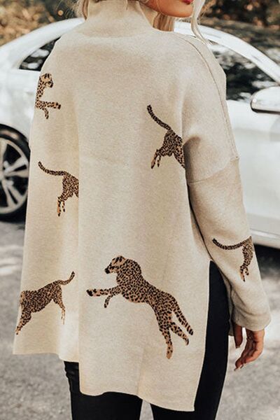 Blue Zone Planet | Animal Pattern Mock Neck Long Sleeve Slit Sweater BLUE ZONE PLANET