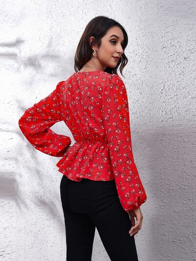 Floral V-Neck Balloon Sleeve Peplum Blouse BLUE ZONE PLANET