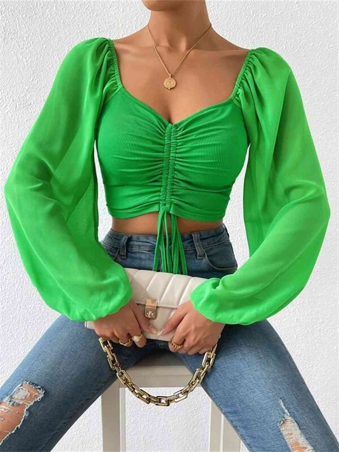 Drawstring Sweetheart Neck Cropped Top BLUE ZONE PLANET