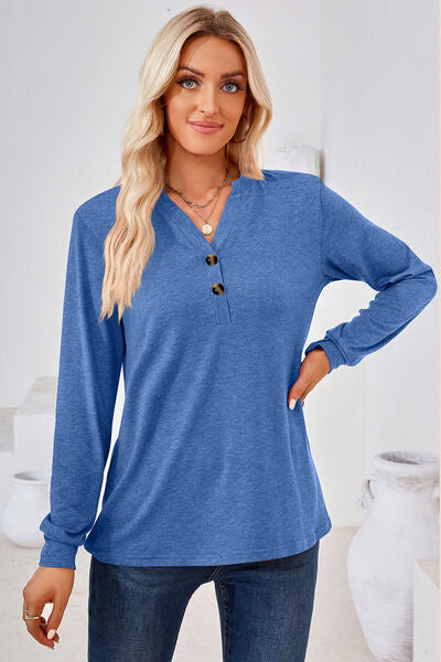 Notched Button Detail Long Sleeve T-Shirt Trendsi