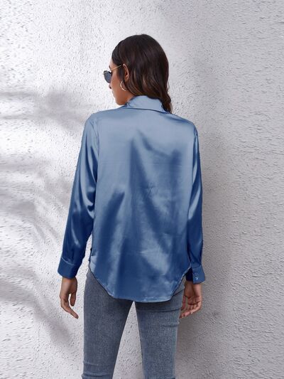 Button Up Collared Neck Long Sleeve Shirt BLUE ZONE PLANET
