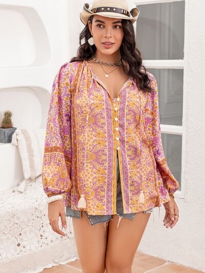 Blue Zone Planet | Plus Size Tie Neck Tassel Printed Blouse BLUE ZONE PLANET