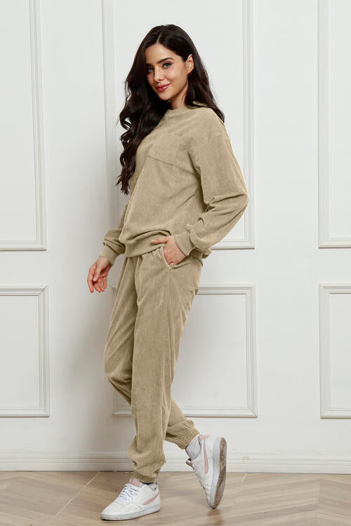 Round Neck Sweatshirt and Sweatpants Set BLUE ZONE PLANET