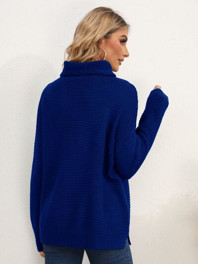 Slit Turtleneck Dropped Shoulder Sweater Trendsi
