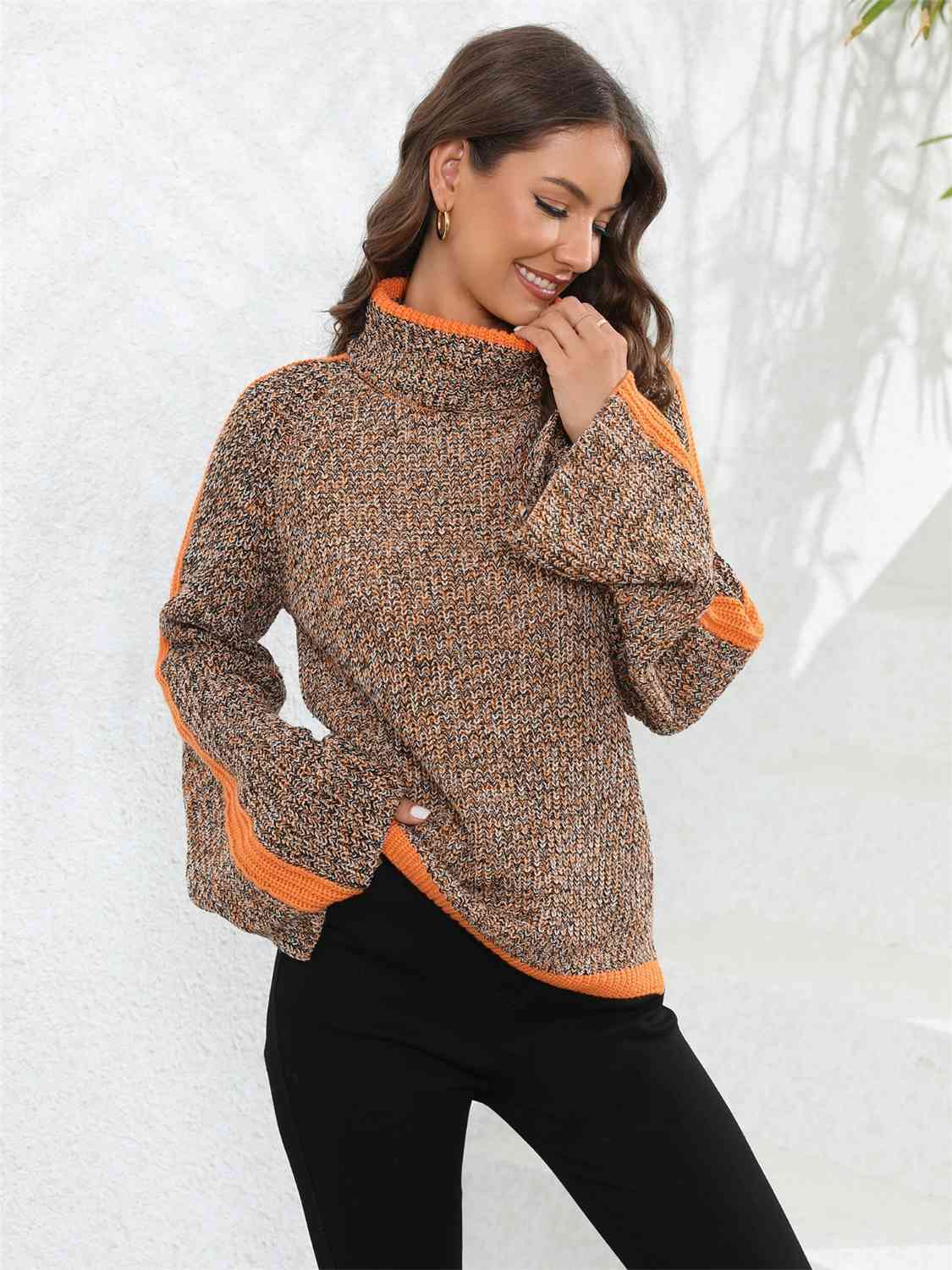 Heathered Turtleneck Long Sleeve Sweater BLUE ZONE PLANET