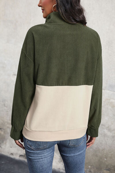 Blue Zone Planet | Ribbed Color Block Half Button Sweatshirt BLUE ZONE PLANET