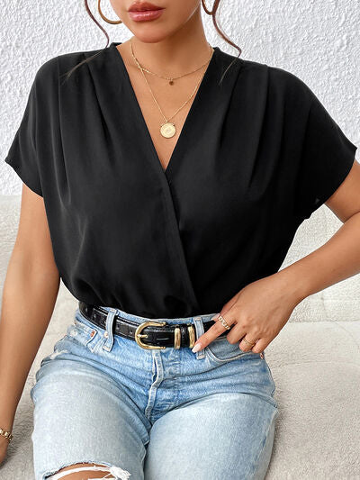 Blue Zone Planet | Surplice Short Sleeve Ruched Bodysuit BLUE ZONE PLANET