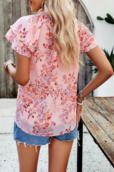 Printed Ruffled Mock Neck Blouse Trendsi