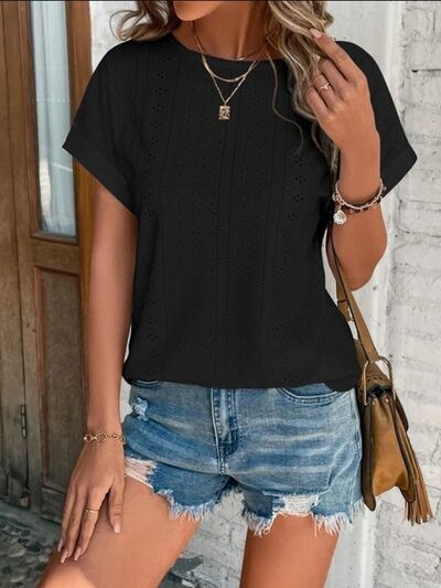 Blue Zone Planet | Eyelet Round Neck Short Sleeve T-Shirt BLUE ZONE PLANET