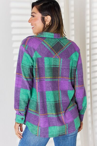 Zenana Plaid Button Up Long Sleeve Shacket BLUE ZONE PLANET