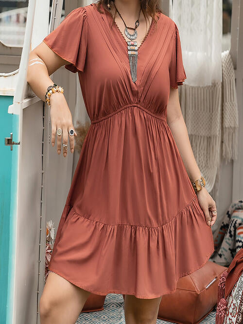Double Take Plus Size Ruffle Hem V-Neck Short Sleeve Dress BLUE ZONE PLANET