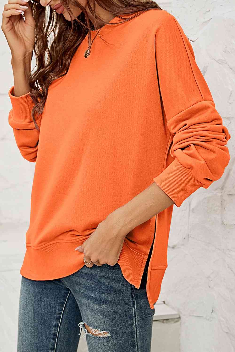 Round Neck Dropped Shoulder Slit Sweatshirt BLUE ZONE PLANET