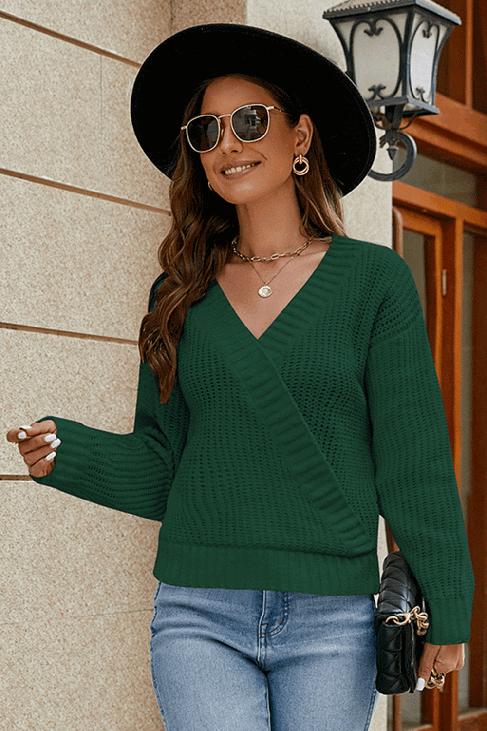 Surplice Neck Long Sleeve Sweater BLUE ZONE PLANET