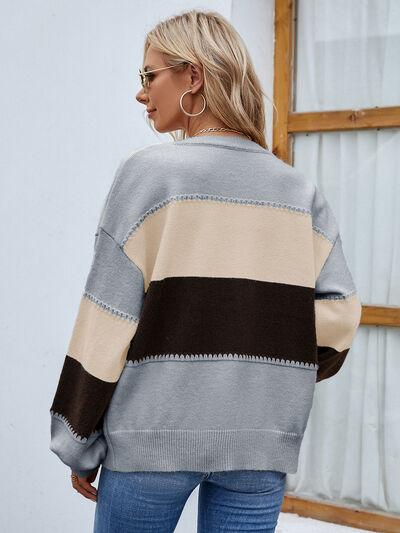 Blue Zone Planet | Color Block Button Up Lantern Sleeve Cardigan BLUE ZONE PLANET
