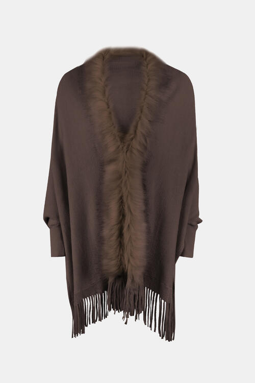 Fringe Open Front Long Sleeve Poncho BLUE ZONE PLANET