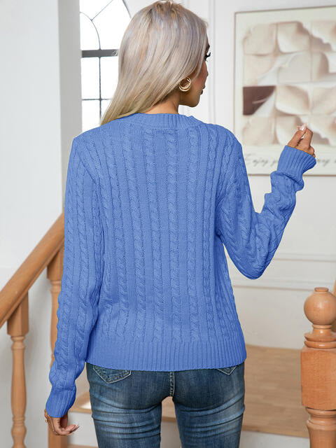 Cable-Knit Round Neck Long Sleeve Sweater BLUE ZONE PLANET