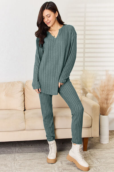 Blue Zone Planet | Basic Bae Full Size Notched Long Sleeve Top and Pants Set BLUE ZONE PLANET