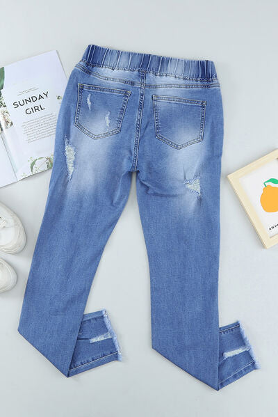 Blue Zone Planet | Drawstring Distressed Raw Hem Jeans with Pockets BLUE ZONE PLANET