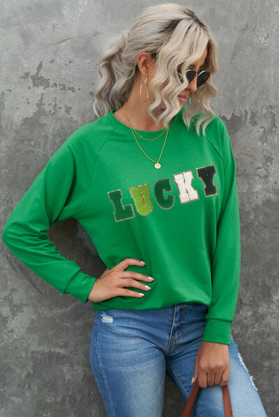 Blue Zone Planet | LUCKY Round Neck Raglan Sleeve Sweatshirt BLUE ZONE PLANET