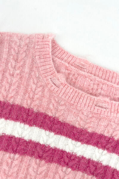 Blue Zone Planet | Cable-Knit Striped Dropped Shoulder Sweater BLUE ZONE PLANET