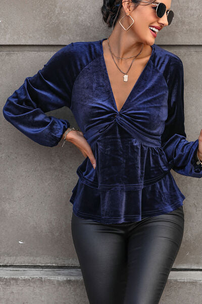 Blue Zone Planet | Twisted Layered Plunge Raglan Sleeve Blouse BLUE ZONE PLANET