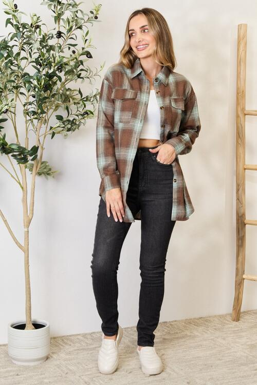 Double Take Plaid Dropped Shoulder Shirt BLUE ZONE PLANET