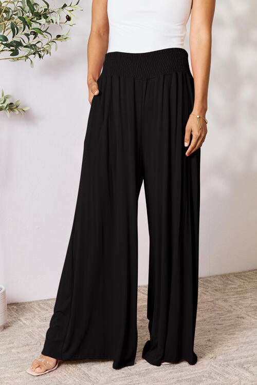 Double Take Full Size Smocked Wide Waistband Wide Leg Pants BLUE ZONE PLANET