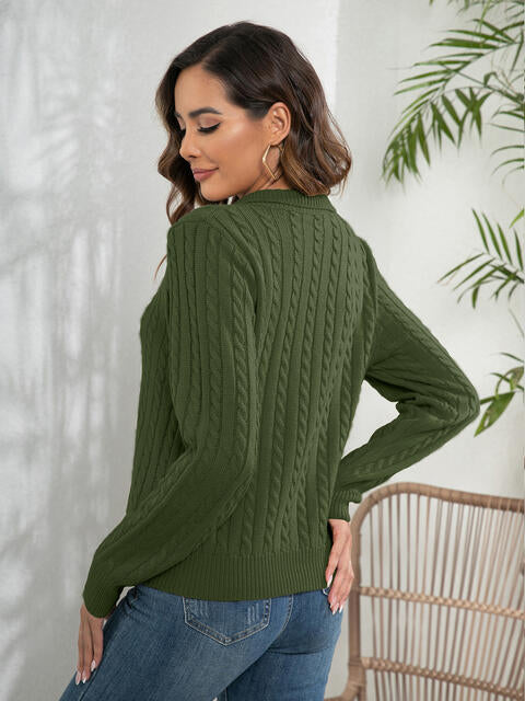 Johnny Collar Cable-Knit Long Sleeve Sweater BLUE ZONE PLANET