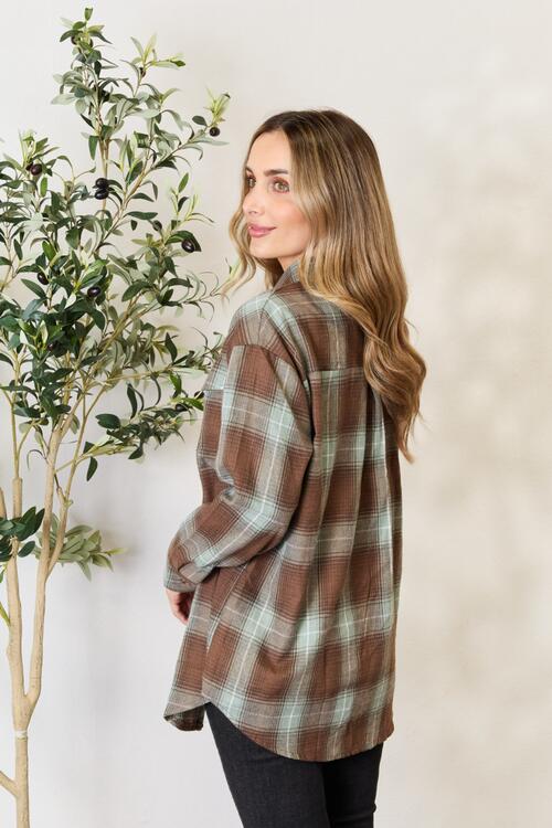 Double Take Plaid Dropped Shoulder Shirt BLUE ZONE PLANET