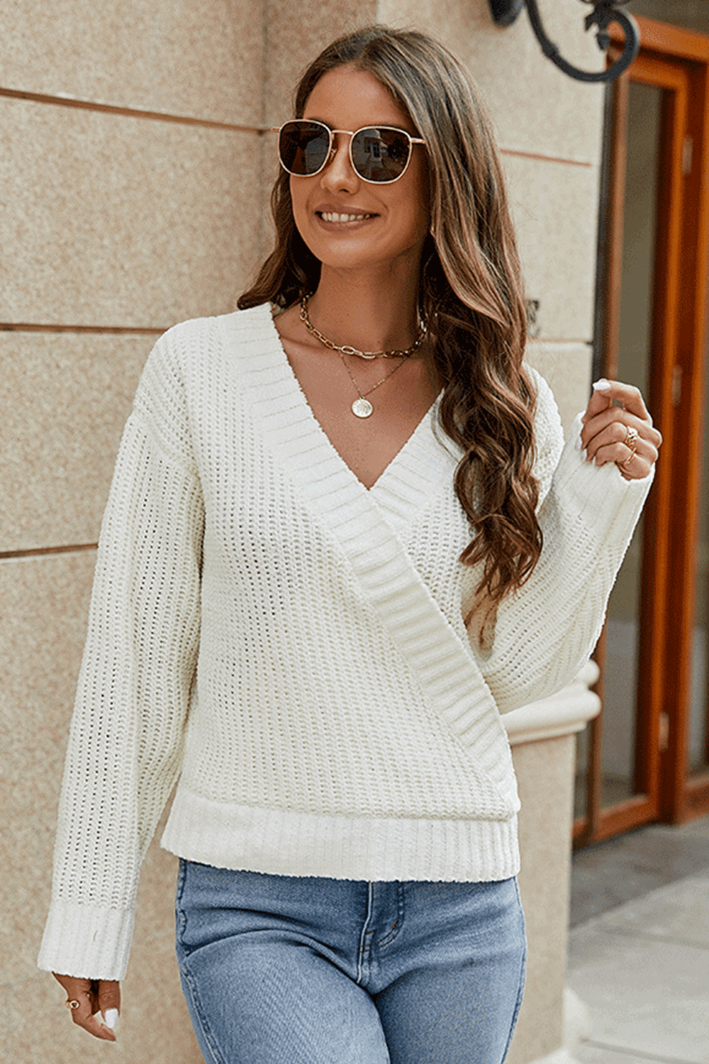 Surplice Neck Long Sleeve Sweater BLUE ZONE PLANET