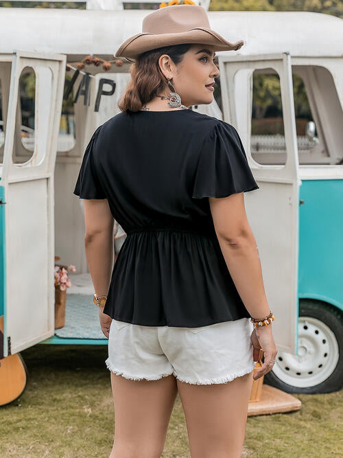 Plus Size V-Neck Flutter Sleeves Blouse BLUE ZONE PLANET