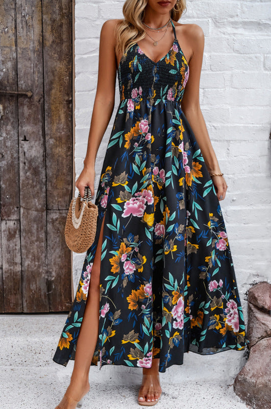 Blue Zone Planet | Casual holiday printed suspender backless maxi dress kakaclo