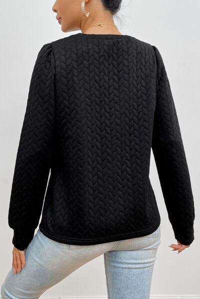 Texture Round Neck Long Sleeve Sweatshirt BLUE ZONE PLANET