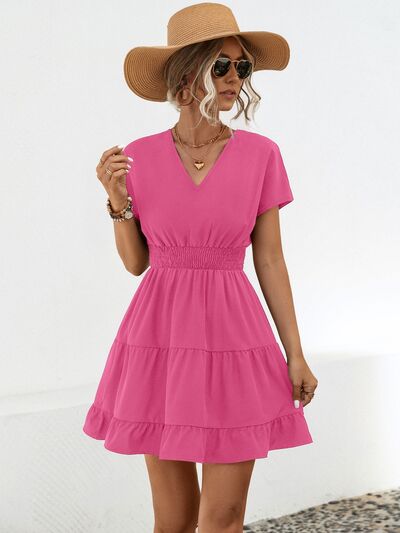 Blue Zone Planet | Ruffled Smocked V-Neck Tiered Dress BLUE ZONE PLANET