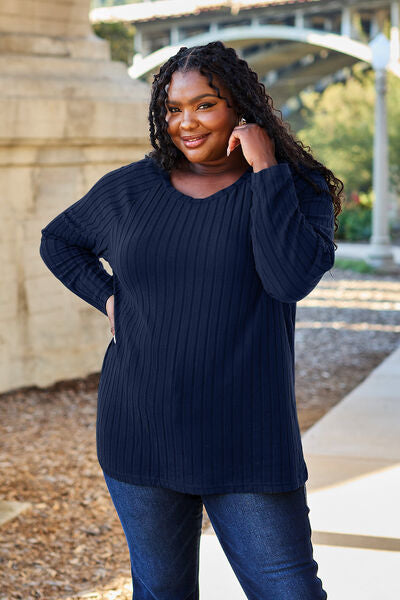 Basic Bae Full Size Ribbed Round Neck Long Sleeve Knit Top BLUE ZONE PLANET