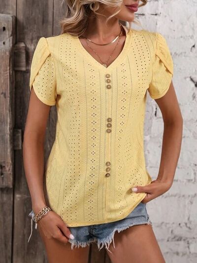 Blue Zone Planet | Eyelet V-Neck Petal Sleeve T-Shirt BLUE ZONE PLANET