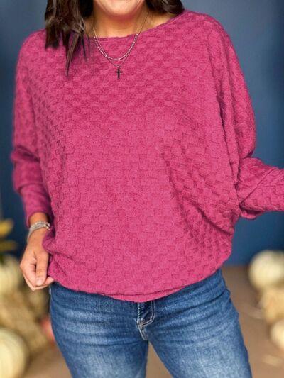 Checkered Round Neck Batwing Sleeve T-Shirt Trendsi