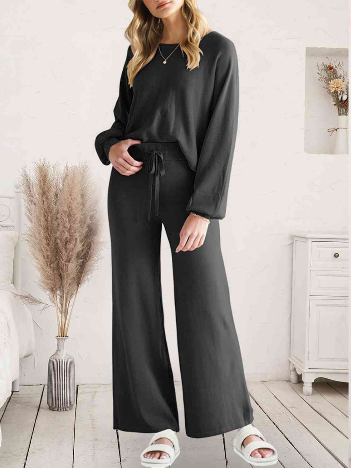 Long Sleeve Lounge Top and Drawstring Pants Set BLUE ZONE PLANET