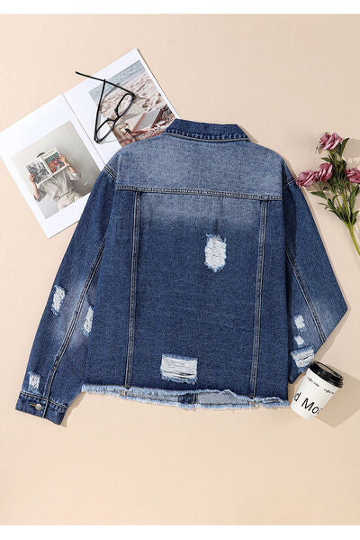 Plus Size Distressed Button Up Raw Hem Denim Jacket BLUE ZONE PLANET