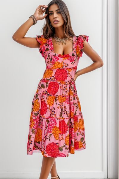 Ruffled Floral Square Neck Tiered Dress BLUE ZONE PLANET